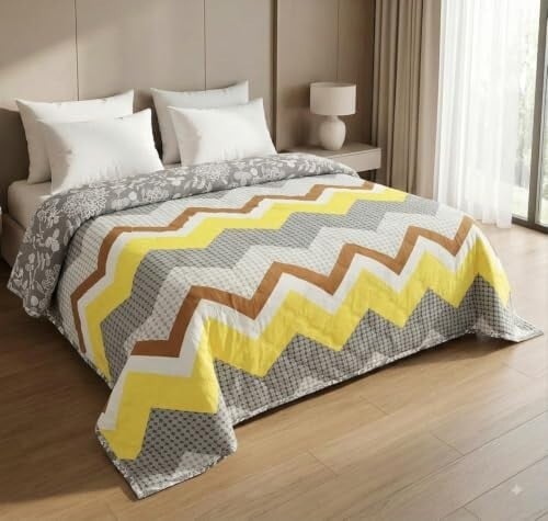 Click to enlarge IVAZA UltraSonic Quilted 120 GSM Microfibre Reversible Double Bed Printed Comforter/Quilt/AC Blanket/Dohar Breathable Cozy Super Soft Yellow Zig Zag