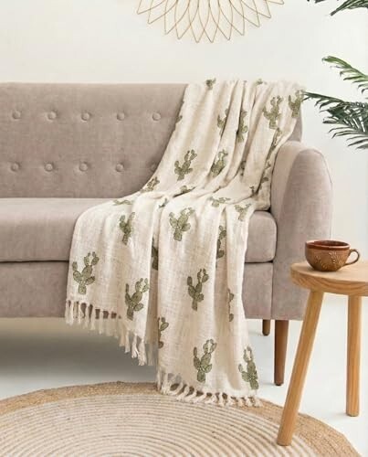 HandBlock Cotton Sofa Throw Blanket with Tassels 50x70 Inches Beige (Nagfani Print, Pack of 1)