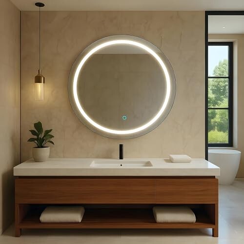 Amazon Basics Round Glass 24 X 24 Inch Wall-Mounted LED Mirror with Smart Sensor | 3-Color Light (Warm, White, Natural)