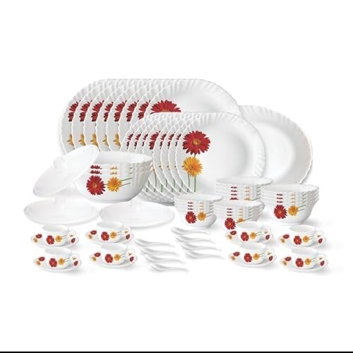 Larah by Borosil Zinnia Fluted Series Opalware Dinner Set | 63 Pieces for Family of 8 | Microwave & Dishwasher Safe | Bone-Ash Free | Crockery Set for Dining & Gifting | Plates & Bowls | White
