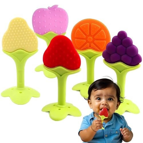 Fruit Shaped Teethers for Babies 6+ Months, BPA-Free Silicone Teething Toy for Infants, Natural Organic Freezer Safe & Soft Toys for Toddlers|Ideal Gift for Baby Girls & Boys | Set of 5