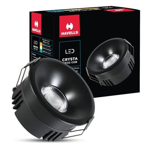 Havells Crysta Deco Cob 12W 6K Matt Black,Led-Spotlights,Energy Efficient,Long Life of 25000 Burning Hours,Beam Angle of 36°,Metal Body Cob with Independent Driver,Cool Daylight (6500K)