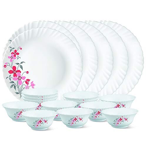 Larah By Borosil Floral Glass Florethali Set (White)-18 Pieces