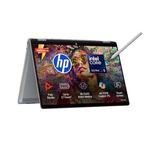Click to enlarge HP OmniBook X Flip 2-in-1 AI Laptop (Intel Core Ultra 5 226V, 16GB RAM, 1TB SSD, 14" 3K OLED 120Hz Touch, Pen Included, Win 11, MS Office 2024, Meteor Silver, 1.38kg, fm0099TU)