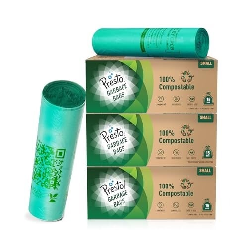 Click to enlarge Amazon Brand - Presto! 100% Compostable Garbage Bags | Small (S) | Green | 45 Count | 15 Bags X 3 Packs | 17 x 19 Inches | Strong and Durable | For Dry and Wet Waste