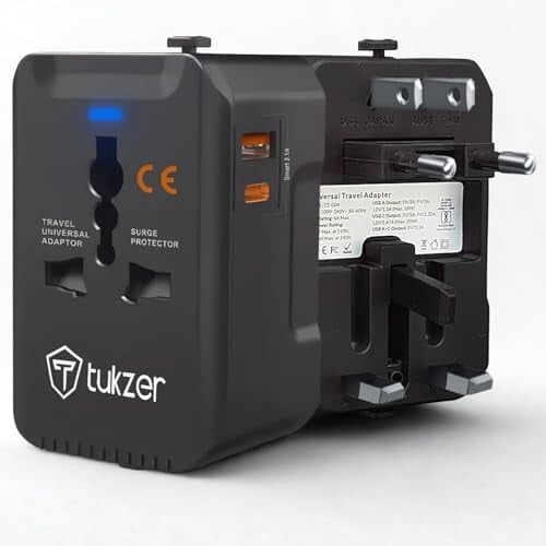 Tukzer Universal Travel Adapter with 20W Type C PD & 18W USB-A Output Port, Universal Plug Socket, All in One International Travel Fast Charging Adapter for Laptop/MacBook & Mobile Charging- Black