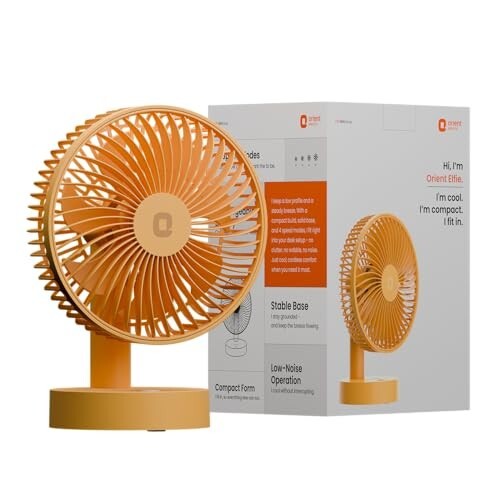 Click to enlarge Orient Electric Elfie Rechargeable Personal Fan | 90° Adjustable Airflow | 1800 mAh Battery | 4 Speed Modes | Quiet Operation | USB Type-C Charging | Compact Mini Fan | Tangerine Orange