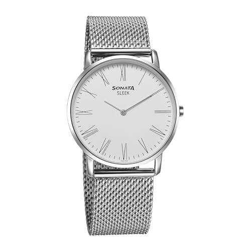 Sonata Sleek Quartz Analog White Dial Silver Stainless Steel Strap Watch for Men - 7152SM02