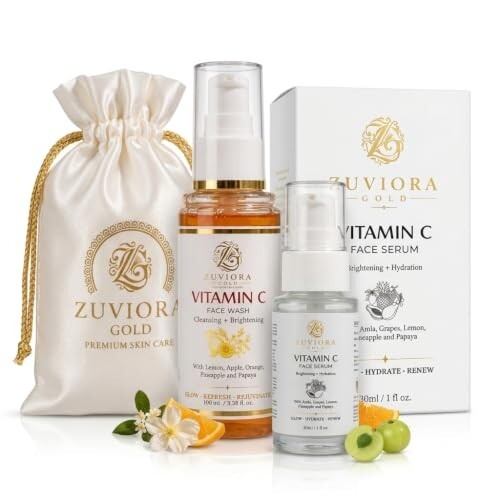 Premium Vitamin C Skincare Ritual Combo Pack - Luxury Ayurvedic Face Wash (100ml) & Radiant Face Serum (30ml) for Deep Glow, Anti-Aging & Skin Brightening | Includes Elegant Gift Pouch (Pack of 2)
