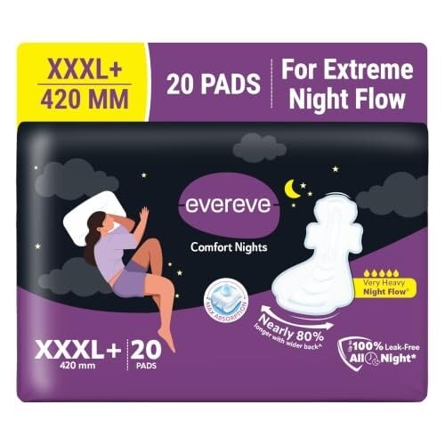 Evereve Comfort Nights Sanitary Pads XXXL+ 420mm, 20 Pads, 60% Longer with Wider back For All Night Care, Very Heavy Night Flow Absorption, Up to 100% Leak Protection, Rash-Free Breathable Comfort