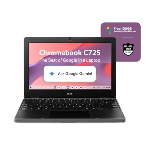 Click to enlarge Acer Chromebook, MediaTek Kompanio 540 Octa-Core Processor, 4GB RAM, 64GB eMMC, Full HD, 11.6"/27.94cm Display, Chrome OS, Black, 1.2 KG, C725, Arm Mali G57 Graphics, WiFi 6E Laptop