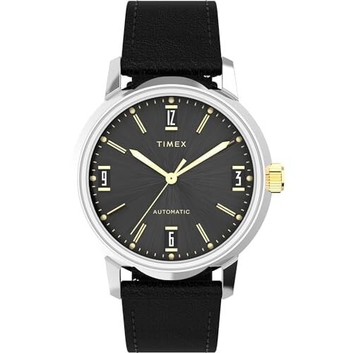 TIMEX Marlin Mechanical Automatic Watch for man with Black Round Dial & Black Leather Strap Band Water Resistant Men's Wrist Watches - TW2W33900U9