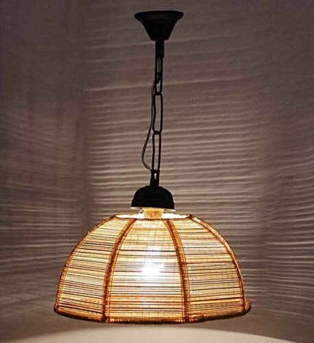 tu casa Offwhite Bamboo Shade with Black Metal-Iron Base Hanging Lamps/Pendent Light | Modern Pendant Ceiling Lamp for Home, Café, Restaurant, Bar & Office Décor (Height- Inch/No Blub Includ...