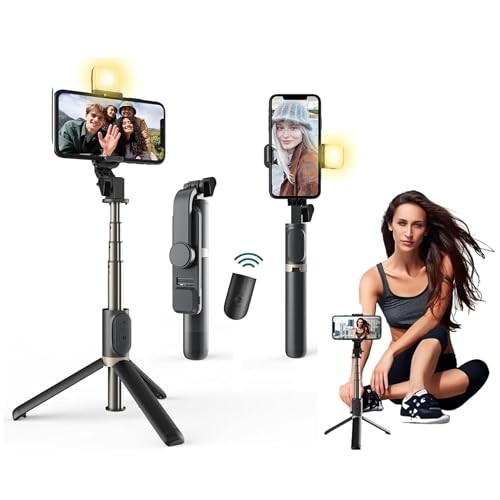 i17 Selfie Stick with Tripod Stand,Extendable Bluetooth Selfie Stick for Mobile Phone,LED Light,Compatible with iPhone & 360 Degree Rotation,Selfie Stick Tripod Stand 4 in 1 Photography,self...