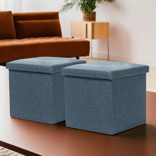 Kuber Industries Pack of 2 Storage Stool - Square Toy Box, Foot Rest, Folding Seat, Wardrobe Organizer for Clothes-Books, Living Room Storage Box | S ZH001BU | Navy Blue