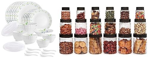 Click to enlarge Cello Tropical Lagoon Dazzle Series Opalware Dinner Set, 35 Pieces, Service for 6, White, Extra Large & Cello Checkers Plastic PET Canister Set, 18 Pieces, Clear
