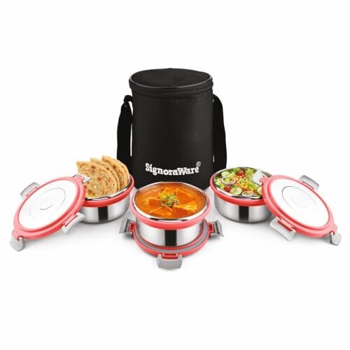 Signoraware Meal Mate Stainless Steel Big Lunch Box with Bag (450mlx3, Red) [41% Coupon]