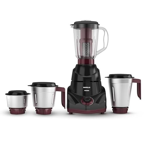 Havells Prisma 750 W 4 Jar Mixer Grinder | 3 Speed With Pulse Function | Air Vent Technology | Stainless Steel Blades | Wider Mouth Jars | Overload Protecton | 2-Year Product Warranty (Black...
