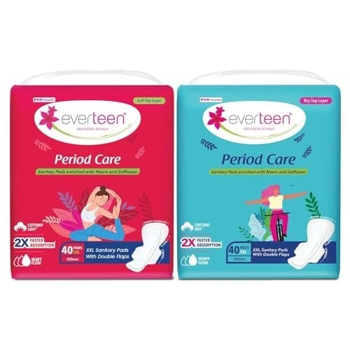 everteen XXL 80 Sanitary Pads for Women, 320mm Soft and Dry Sanitary Napkin Combo, Infused with Neem-Safflower Rash Free, Skin Friendly, Advanced Leak Protection - 2 Packs (40 Pads Each)
