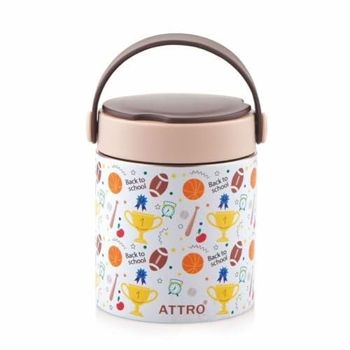 ATTRO Happy Go Vacuum Insulated ISI Certified Stainless Steel Soup Jar 500ml, Leakproof & BPA Free for Kids & Adults, Long Temperature Retention,Ideal for School, Office & Travel – Sports Trophy Brown