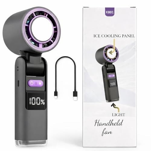 K801 Portable Ice Cooling Hand Fan, 4000mAh Rechargeable, 199 Speed Settings, Turbo BLDC Motor, 20H Runtime, FrostTouch 5°C Cooling, Travel Fan
