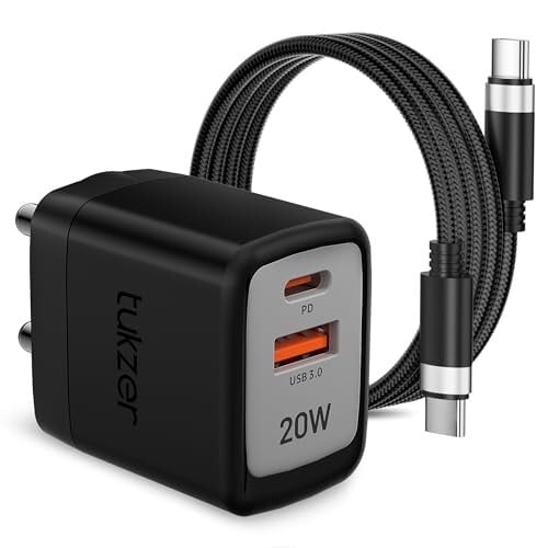 Tukzer 20W Dual Port GaN3 Ultra 2X Faster Charger Adapter (Type C PD3.0 & USB QC3.0) with Type C to C Cable for iPhone 17/17 Plus/17 Pro/17 Pro Max, 16/15/14/13/12 Series,Samsung, MacBook,Laptops-BLK
