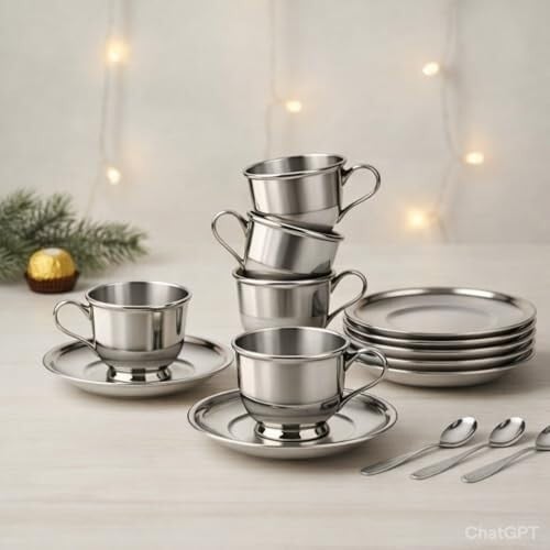Tableware Stainless Steel Cups and Saucer with Spoon, 180 ml Tea Cup Set of 6 Cup and Saucer Set for Tea Milk & Coffee Chai, Tea Cup Set Lattee Cups