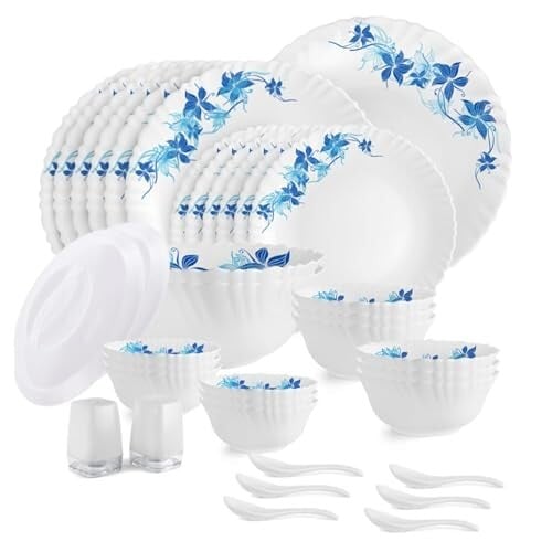 CELLO Blue Swirl Dazzle Series Opalware Dinner Set of 37 Pieces for Family of 6 | Bone-Ash Free & Leadfree Opal Glass, Microwave & Dishwasher Safe, Plates & Bowls Crockery Set for Dining & G...