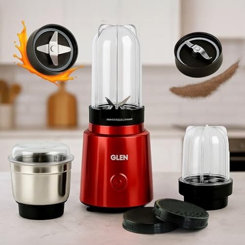 Glen Polycarbonate Multi Function Active Blender 350 Watt With 4 Jar Silver, 2 interchangeable blades, Lid & seasoning cap, 2 Years Warranty,(SA4048BGRED)