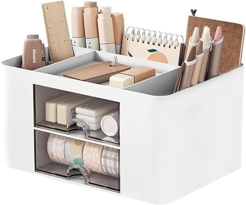 Click to enlarge UCRAVO Plastic Multi-Functional Desk Organiser with 5 Compartments and 2 Drawer Desktop Office Supplies