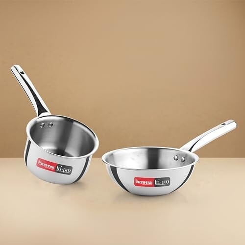 Crystal Tripro Triply Stainless Steel 2 Pcs Cookware Set | Sauce Pan 14cm and Wok 18cm | Even and Faster Heating | Healthy Cooking, Less Oil Use - Induction and Gas Stove Ready