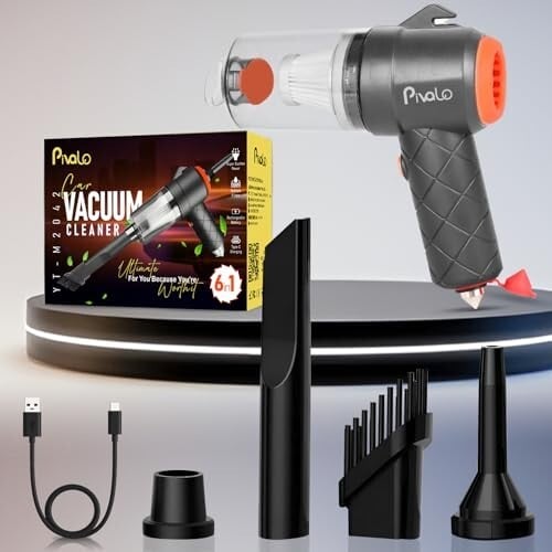 Pivalo 6-in-1 Vacuum Cleaner with Filter 4 Nozzles USB Cable Hammer Seat Belt Cutter Power Suction Rechargeable Battery Mini Car Air Blower for Dry Cleaning Car Home Office Traveling (1Pc, B...