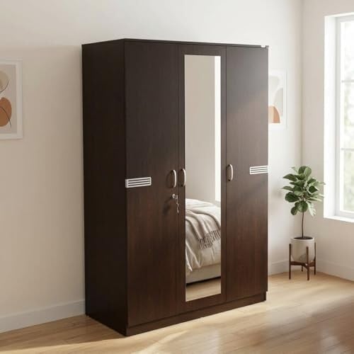 Nilkamal Riva 3 Door Wooden Wardrobe with Mirror for Bedroom | Engineered Wood | Wenge