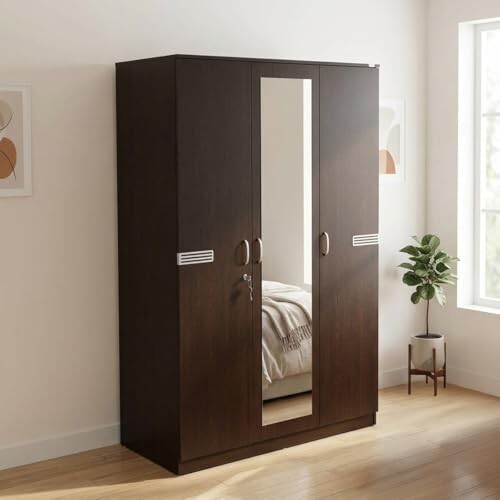 Nilkamal Riva 3 Door Wooden Wardrobe with Mirror for Bedroom | Almirah with 7 Shelves, 2 Hanging Rods, 1 Lockable Drawer | Clothes Cupboard | Engineered Wood | Wenge