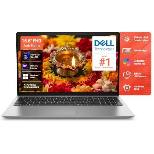 Click to enlarge Dell 15 AI Laptop – Intel Core Ultra 7 255H | 16GB DDR5 RAM, 512GB SSD | 15.6" FHD Anti-Glare Display | Backlit KB, Copilot Key, Win 11 + MSO '24 | Silver (1.66 kg)