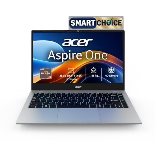 Click to enlarge Acer Smartchoice Aspire One, AMD Ryzen 5-40, 8GB LPDDR5 RAM/ 256GB SSD, 14.0"/35.56cm WXGA Display, Win 11 Home, Pure Silver, 1.48KG, A114-43, Thin and Light Laptop