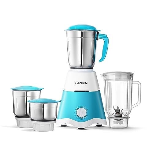 Longway Super Dlx Juicer Mixer Grinder | Up to 750W Max Output Powerful Motor | 4 Jars for Grinding, Mixing, Juicing | 2 Year Warranty | Blue & White