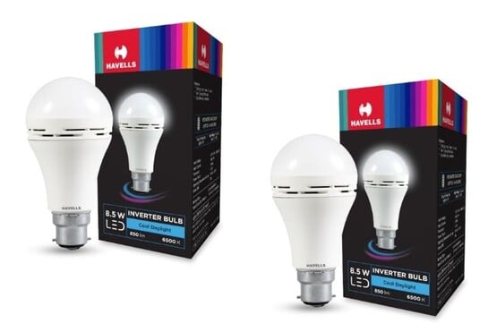 Click to enlarge Havells 8.5w LED Emergency Bulb | Shatter Resistant |Cool Day White (6500K) | B22 LED Bulb Base | Inverter Bulb for home,3 Hours battery back up| Li-ion Battery | Over charging Protection (PACK OF 2)