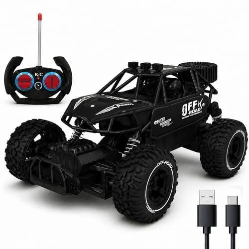Black RC Car Rock Crawler Remote Control Car with LED Headlight, Rechargeable Battery High Speed Off Road RC Car, Monster Truck Toy Car for Kids & Boys 7-14 Years | Remote Control Car Toy Gift