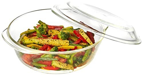 Amazon Brand - Solimo Borosilicate Glass Casserole-Cum-Serving Bowl with Lid | Oven & Microwave Safe | Deep Round | 2 L | Transparent