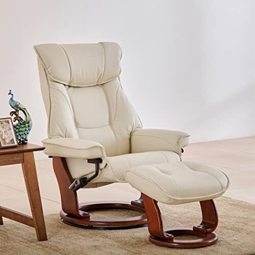 Click to enlarge Home Centre | Silas Vanilla Faux Leather 1-Seater Revolving Recliner with Footstool | Recliner Sofa for Living Room | Solid Wood | White | 2 Year Warranty