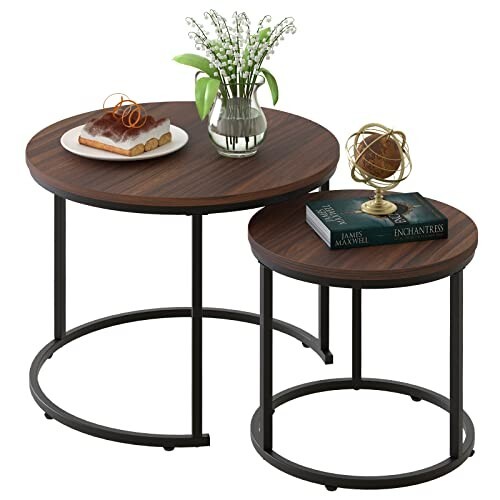 aboxoo Coffee Table Nesting Side Round Set of 2 End Table Top Sturdy Metal Frame Desk Centerpiece Living Room Bedroom