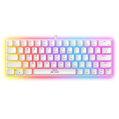 Ant Esports MK1200 Mini 60% Wired Mechanical Gaming Keyboard – Red Switch, Rainbow Backlit, 61 Keys, Anti-Ghosting, USB, Compact TKL – Compatible with Windows, macOS, PS5, Xbox, Laptop & PC (White)