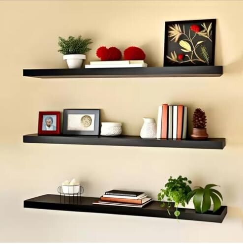 Modern Floating Wall Shelves Set of 3 – Black Wooden Display Shelves for Living Room, Bedroom, Kitchen & Office | Wall Mounted Storage Rack for Books, Plants, Decor & Photos