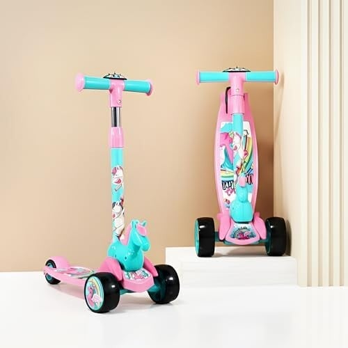 Kidsmate Unicorn Kick Scooter for Kids Age 3-8 Years | 3-Level Adjustable Height & PVC Wheels | Wide Non-Slip Deck & Rear Push Brake | Foldable Kids Scooters for Boys & Girls - Pink