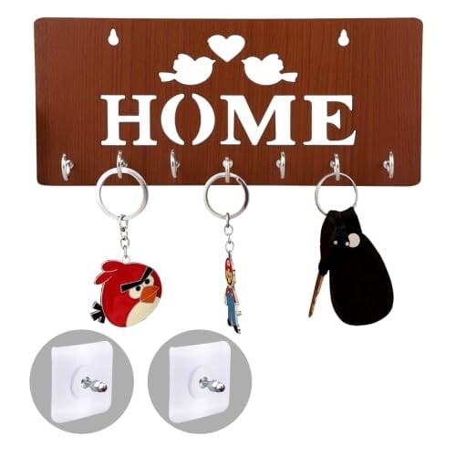 Sehaz Artworks Wooden Key Holder for Wall (7 Hooks, 2-Bird)
