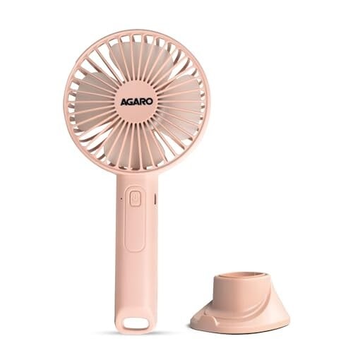 AGARO Elite Rechargeable Mini Fan, 4 inches, Lithium-Ion with 2000 mAh Battery, 3 Speed Option and Table Dock Fan, Pink