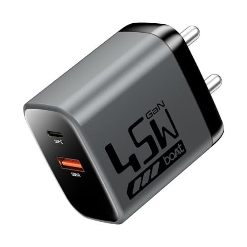 Click to enlarge boAt 45W GaN Charger USB Type C, Ultra-Fast Dual Port Fast Charging, Compact & Lightweight, Supports iPhone, Android, iPad, Tablet (Ash Grey)