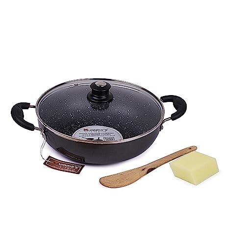 Mumma's LIFE Non-Stick Deep Kadai with Glass Lid- with Riveted and Virgin Bakelite Handle PFOA/Heavy Metal Free (Induction and Gas Stove Friendly) - (26CM, Grey)