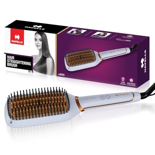 Click to enlarge Havells Keratin Infused Hair Straightener Brush With Temperature Control For All Hair Types|Auto Shut off After 45 Minutes| 1.8mm Swivel Cord |2 Years Guarantee| HS6000